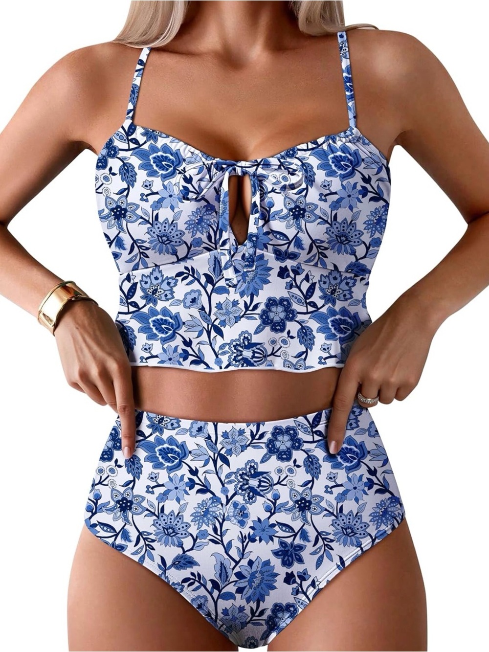 Floral Blue and White High-Waist Tankini Set - Women Swim